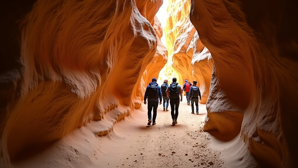 A small group of hikers navigating through a narrow passage between tall sandstone cliffs, demonstrating the scale and unique terrain of the rock labyrinth