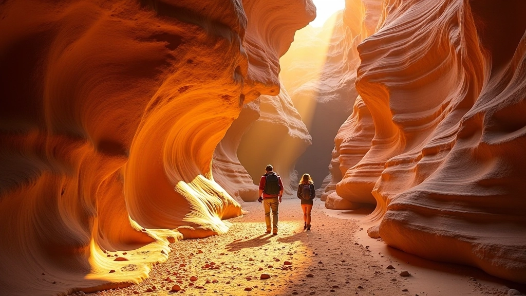 Golden sunlight illuminating sandstone rock formations with long shadows stretching across natural stone pathways