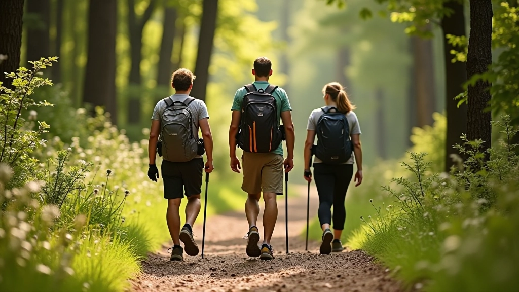 Group of hikers of mixed ages and fitness levels walking together on a forest hiking trail with dappled sunlight
