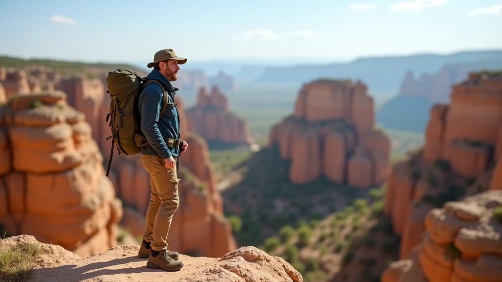 Hiker standing on rocky plateau overlooking the sandstone labyrinth landscape with multiple rock formations visible