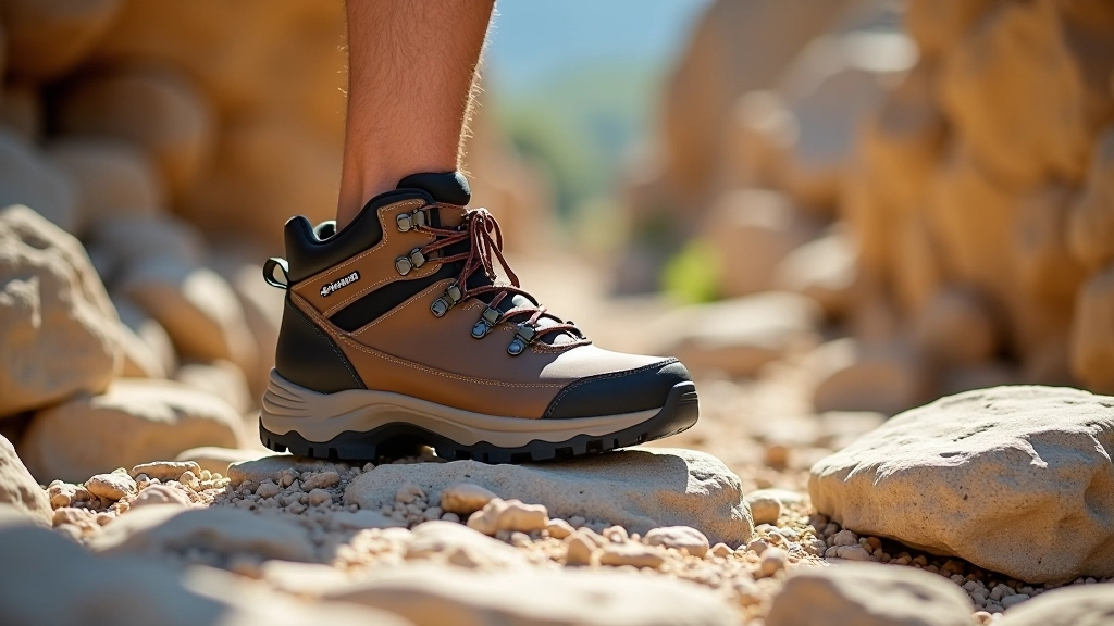 Close-up of hiking boot sole gripping textured sandstone rock surface during active climb
