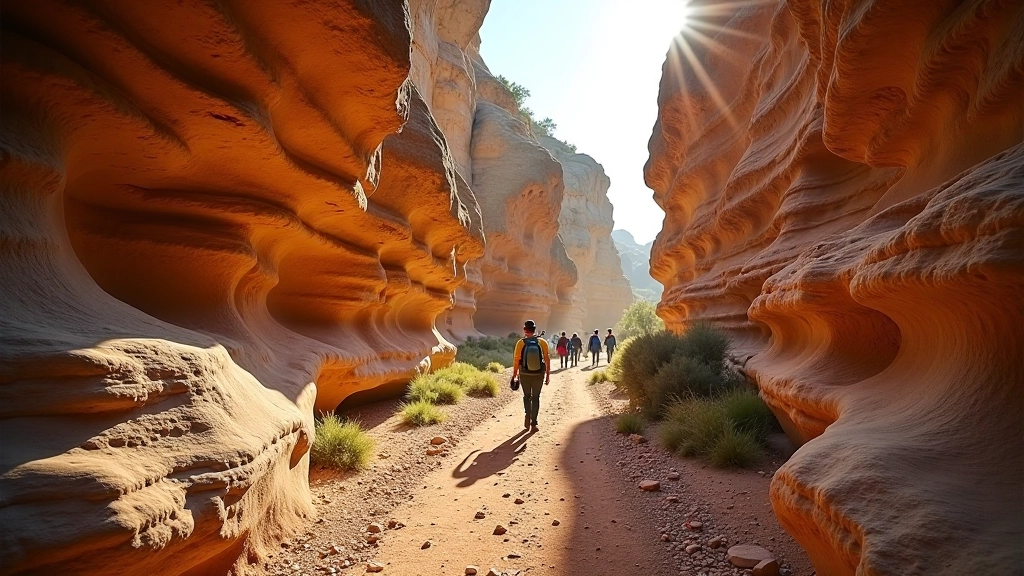 Hiking trail winding through sandstone rock formations with distinctive layered cliff faces and natural passages