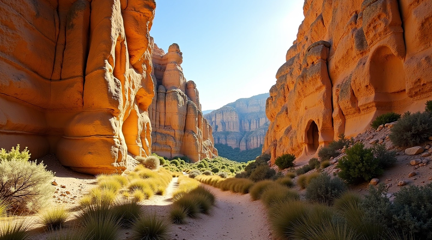 Majestic sandstone rock formations creating a natural labyrinth with hiking trails weaving between tall cliff walls