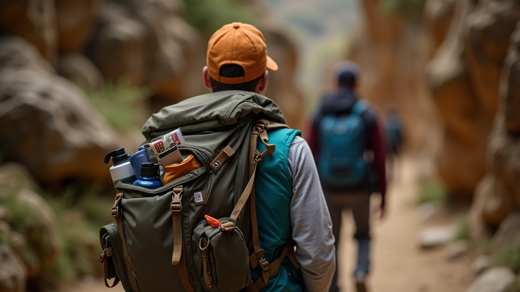 Open hiking backpack showing organized compartments with water bottle, snacks, first aid kit, and layered clothing