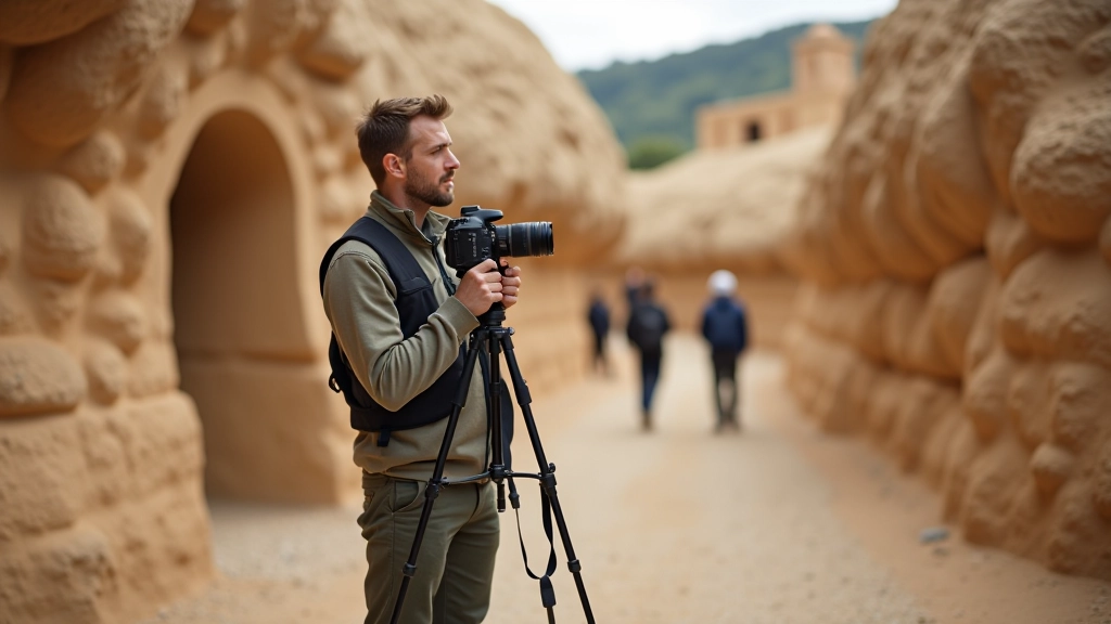 Photographer setting up camera on tripod with remote trigger, rocks and natural pathways in background