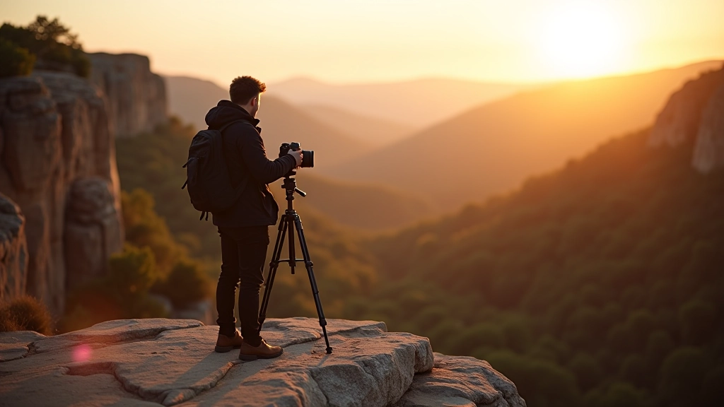 Professional photographer with camera and tripod positioned on rocky outcrop overlooking landscape