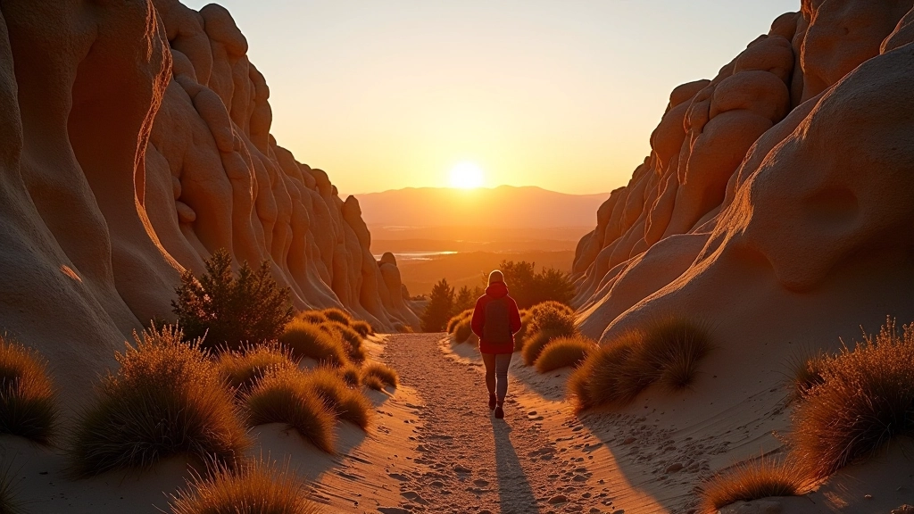 A stunning sunset view of the Adršbrantport rock labyrinth, with warm golden light illuminating the sandstone formations and creating dramatic shadows in the narrow passages