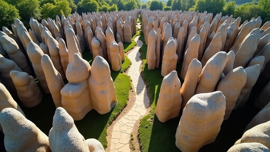 Wide landscape view of labyrinth showing multiple rock formations and narrow pathways from elevated perspective